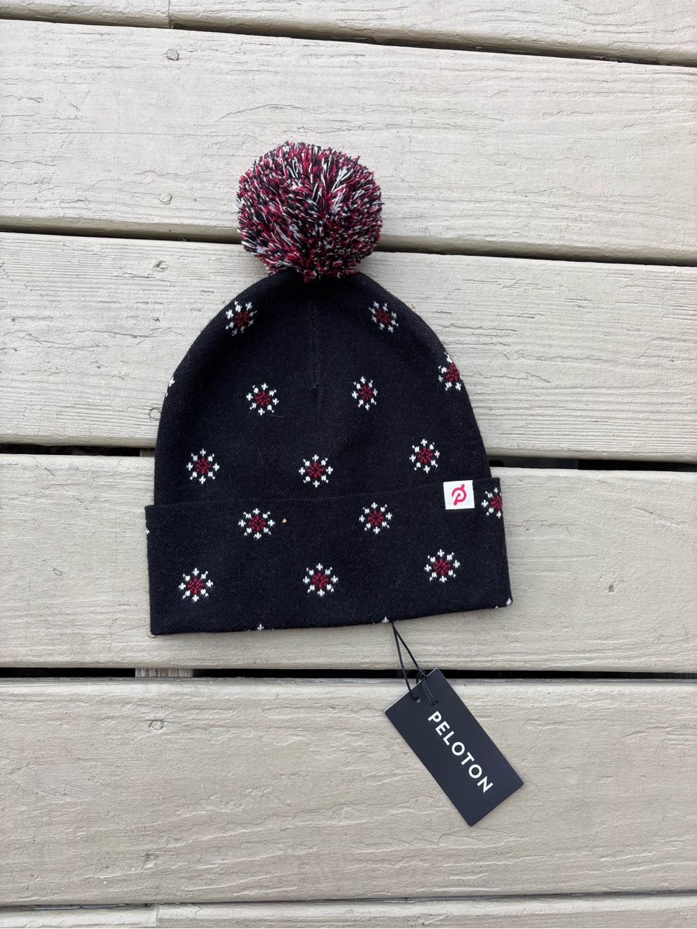 NWT PELOTON Black Beanie with Red & White Pom Pom, Size: OS